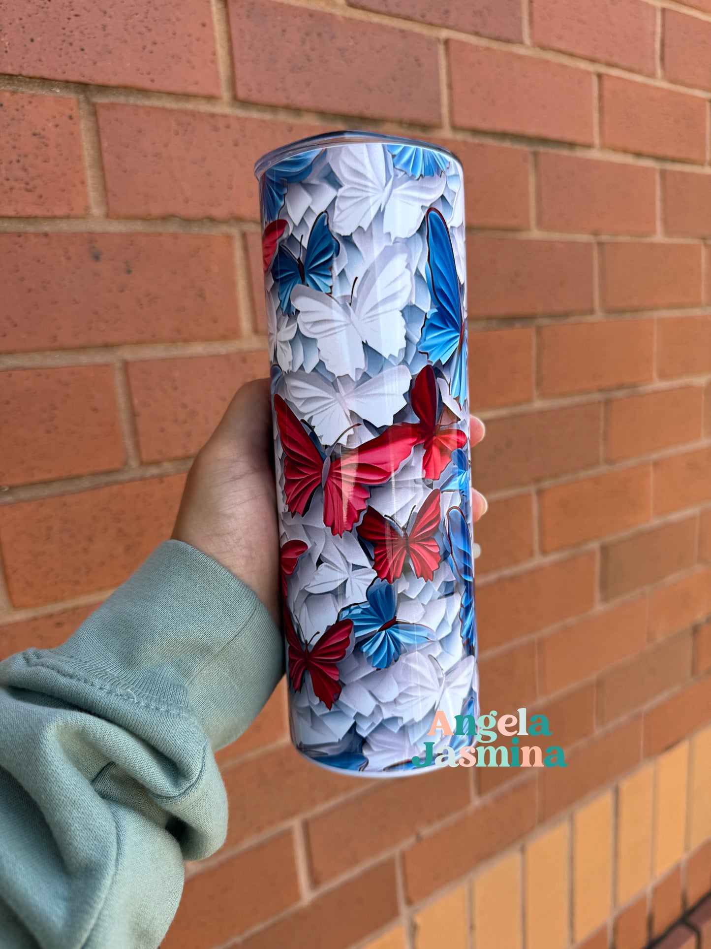 3D Red White Blue Butterfly Tumbler