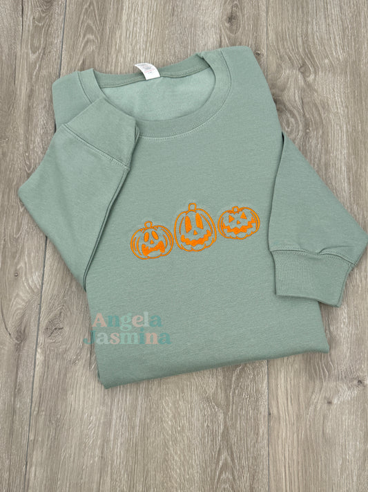 Fall Pumpkins Dusty Green Embroidered Sweatshirt
