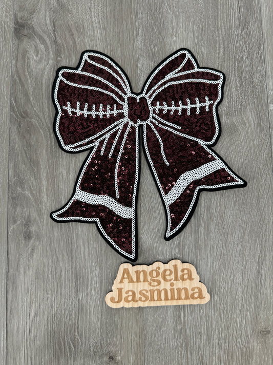 Football Bow White Outline Patch- 8.5 inch wide