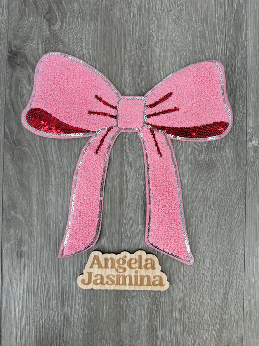 Pink Red Bow Chenille and Sequins Patch