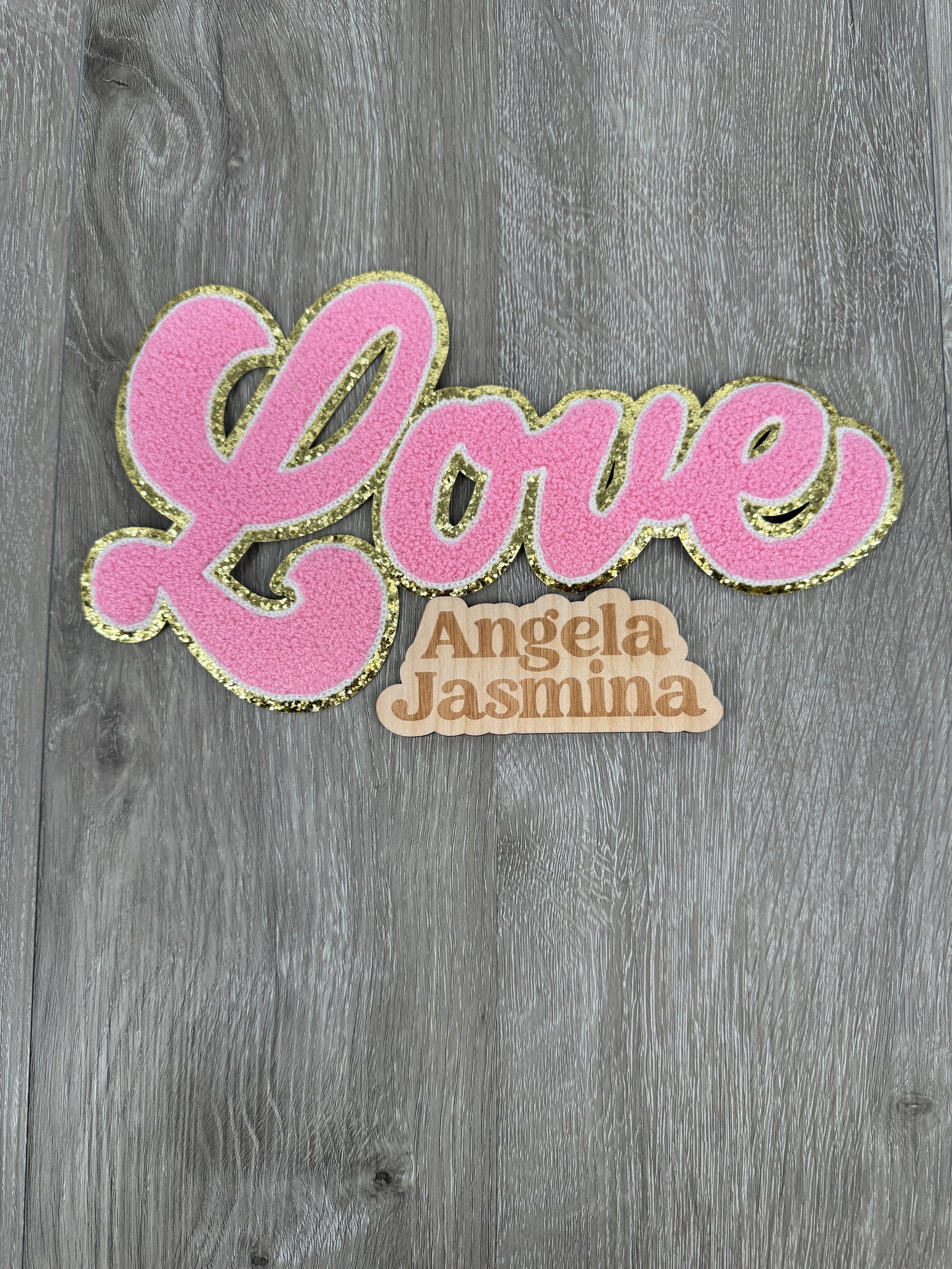 Pink Gold Love Script Chenille Patch