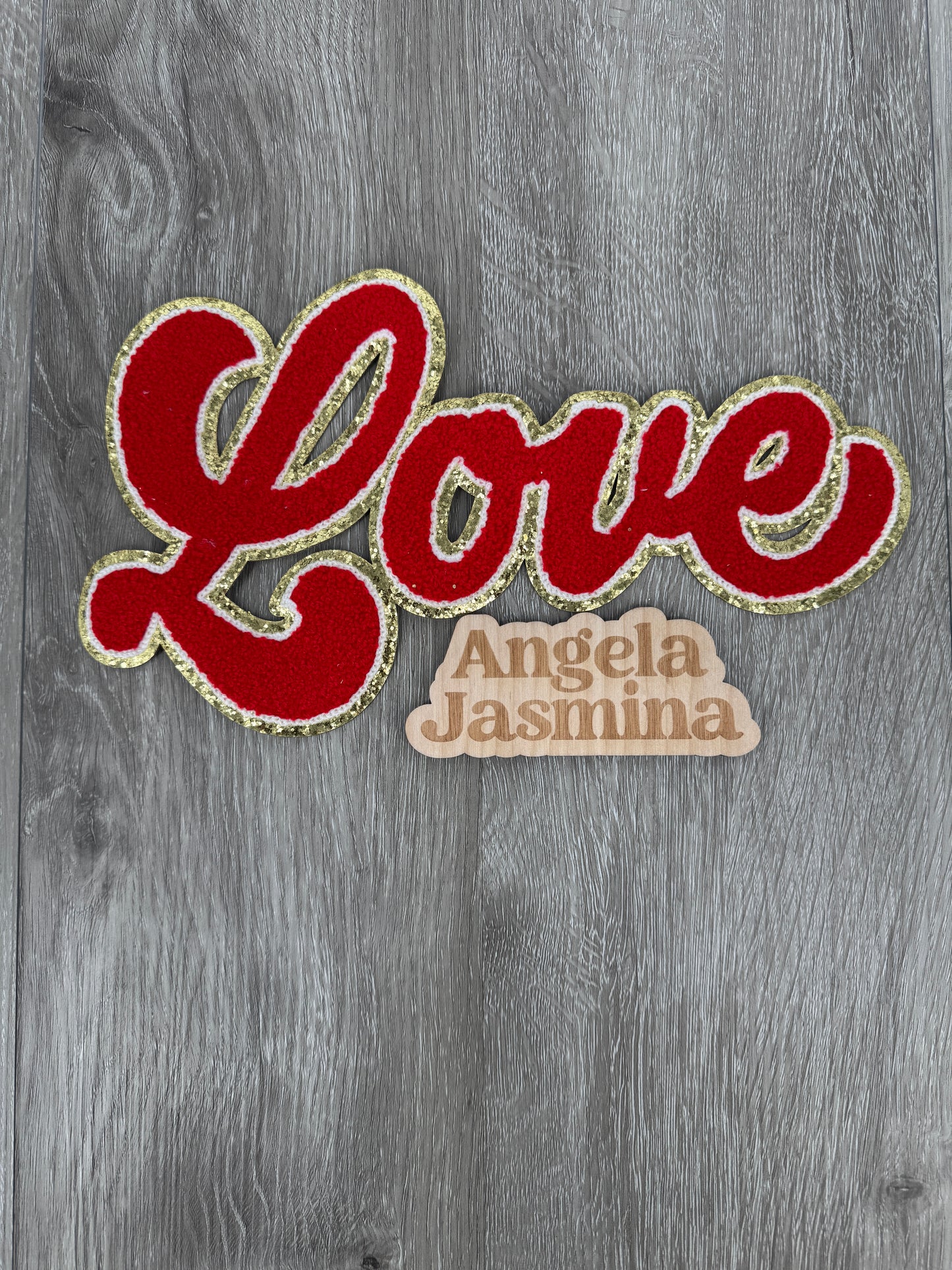 Red Gold Love Script Chenille Patch