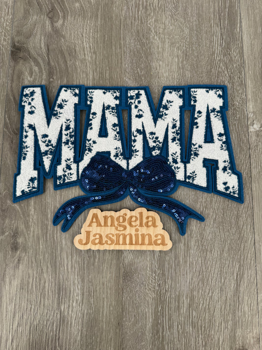 Navy Mama Floral Bow Sequins and Chenille Patch