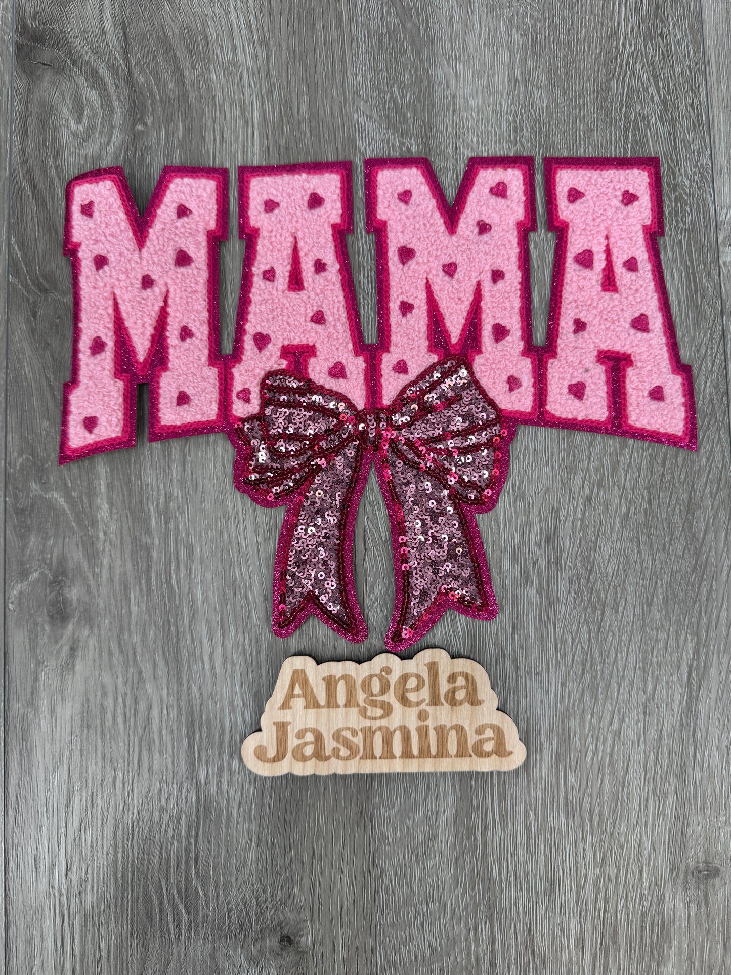 Mama Heart Bow Sequins and  Chenille Patch