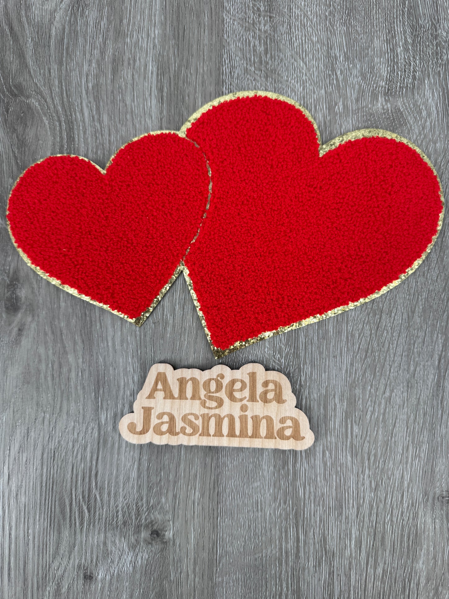 Double Heart Red Gold Chenille Patch