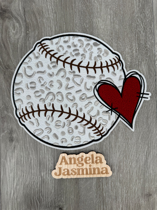 Baseball Heart Leopard Print Chenille Patch