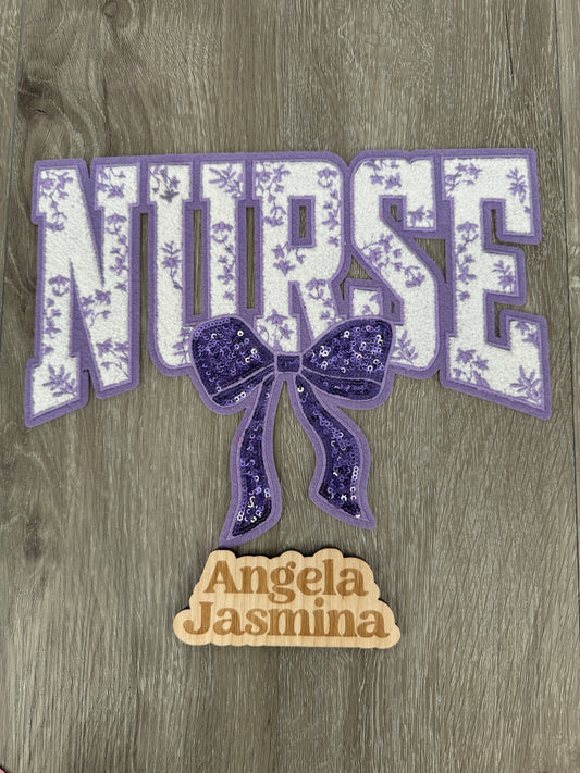 Lavender Nurse Floral Bow Sequins and Chenille Patch