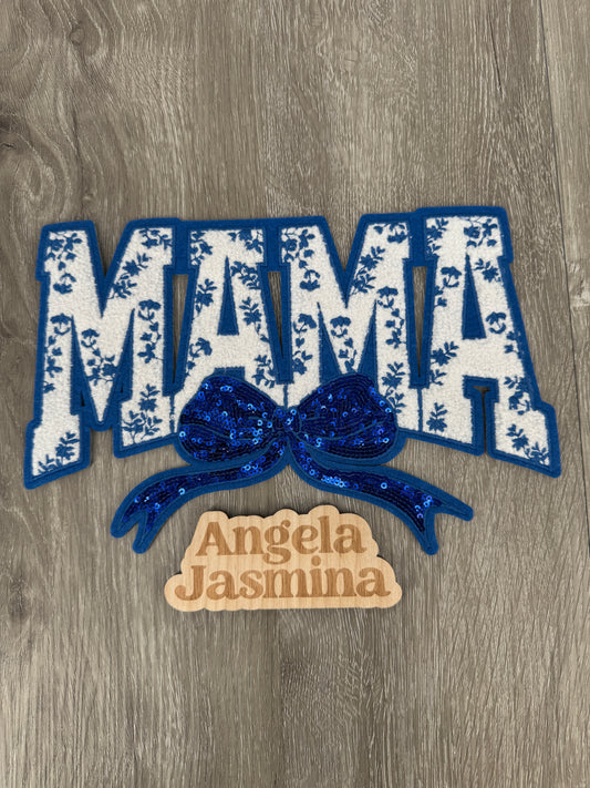 Royal Blue Mama Floral Bow Sequins and Chenille Patch