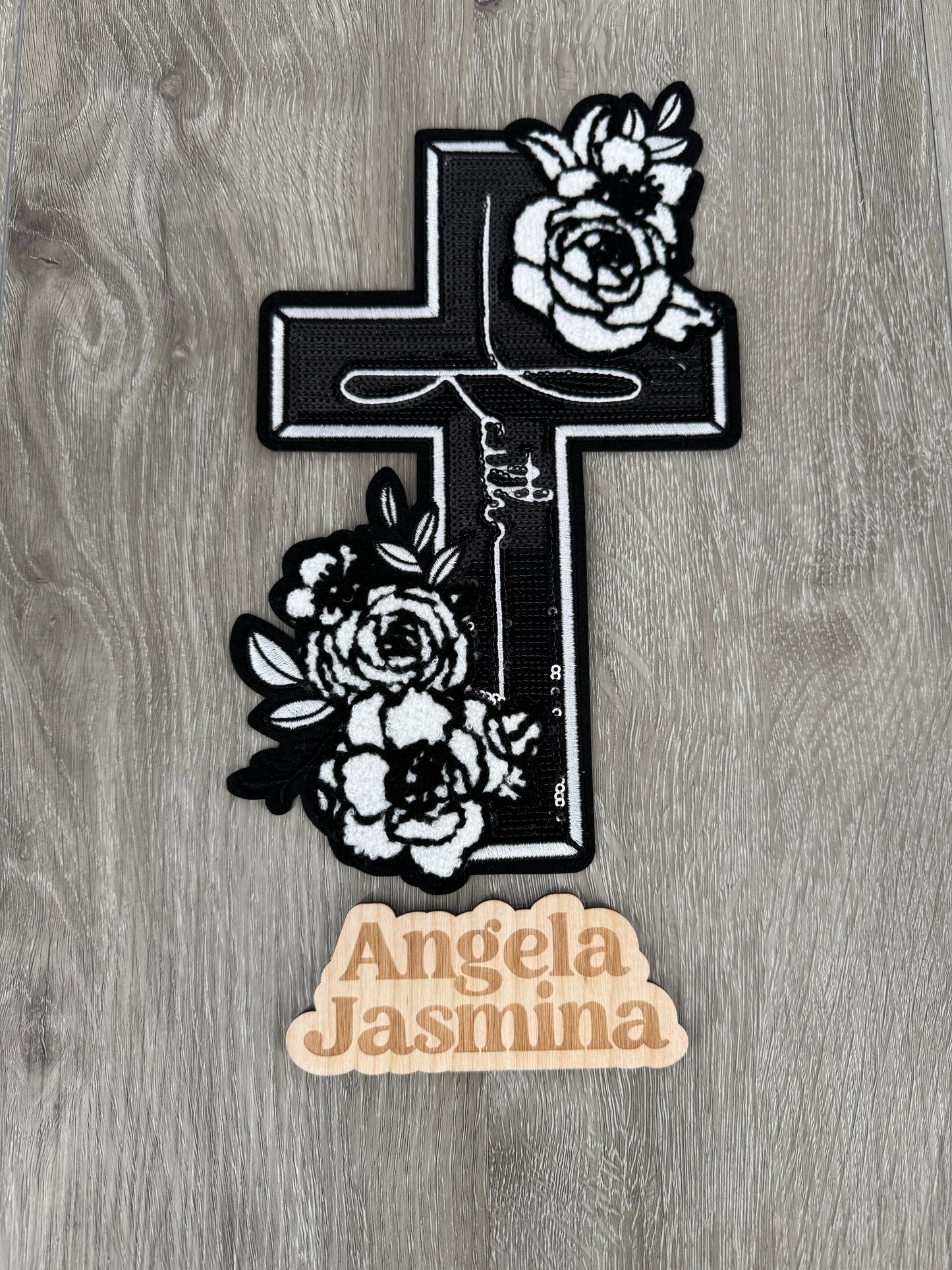 Black Faith Floral Cross Sequins & Chenille Patch