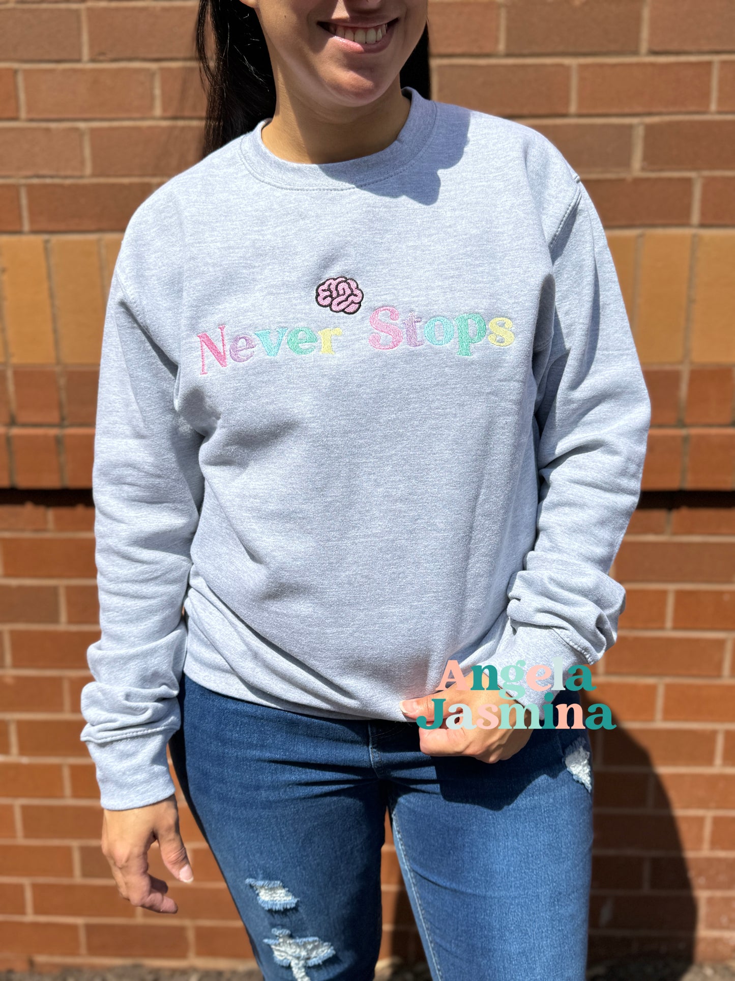 Brain Never Stops Embroidered Crewneck Sweatshirt