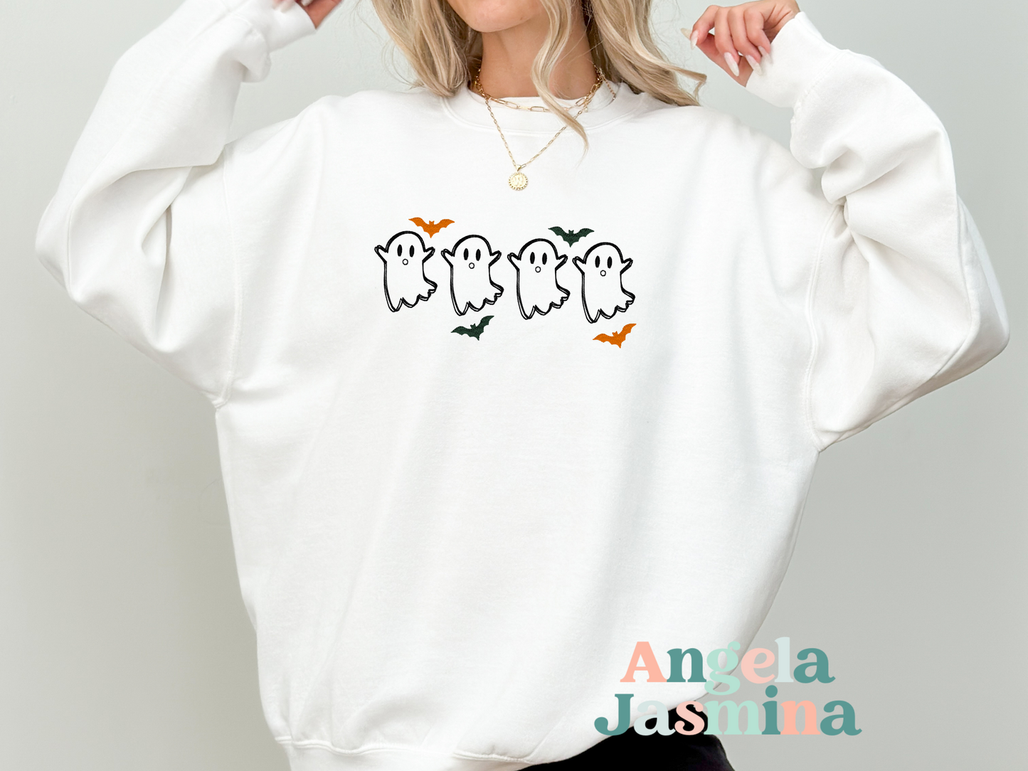 White Ghost with Olive Bats Embroidered Sweatshirt